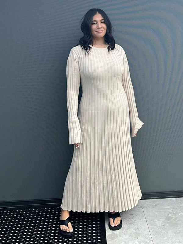 Strickkleid, lässige Taille, Rundhalsausschnitt, großer Grubenstreifen 
