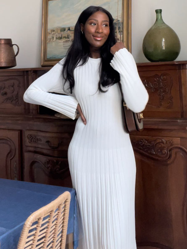 Strickkleid, lässige Taille, Rundhalsausschnitt, großer Grubenstreifen 