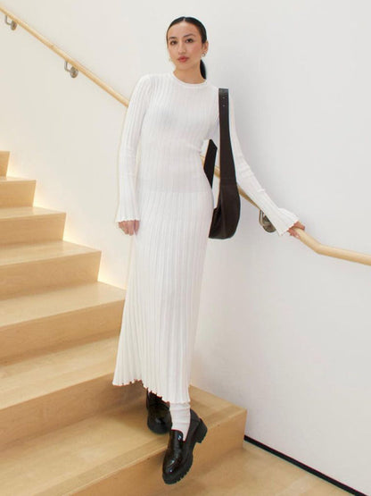 Strickkleid, lässige Taille, Rundhalsausschnitt, großer Grubenstreifen 
