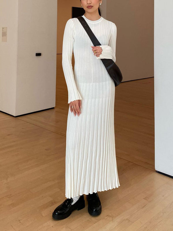 Strickkleid, lässige Taille, Rundhalsausschnitt, großer Grubenstreifen 