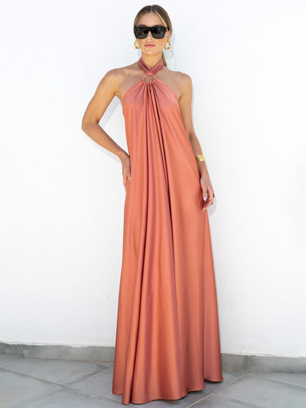 Robe jupe ample à bretelles en satin pour femmes, sexy 