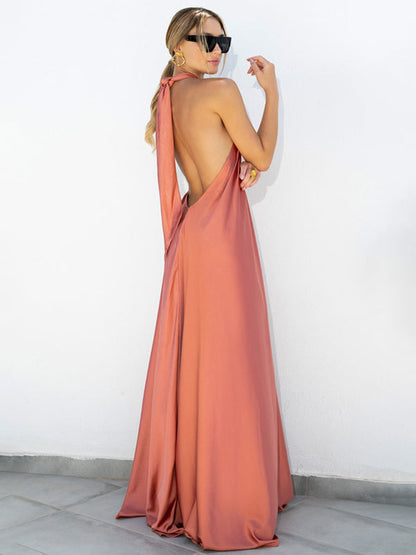 Sexy Damen-Satin-Hosenträgerkleid mit weitem Rock 