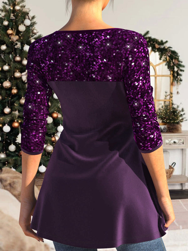 Sequin patchwork top waist-cinching pleated V-neck A-hem women&