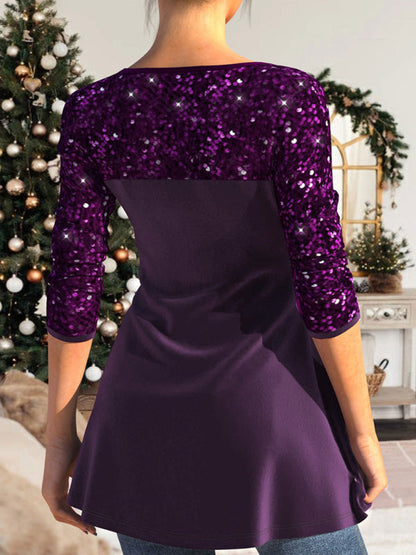 Sequin patchwork top waist-cinching pleated V-neck A-hem women&