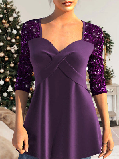 Sequin patchwork top waist-cinching pleated V-neck A-hem women&