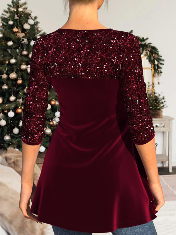Sequin patchwork top waist-cinching pleated V-neck A-hem women&