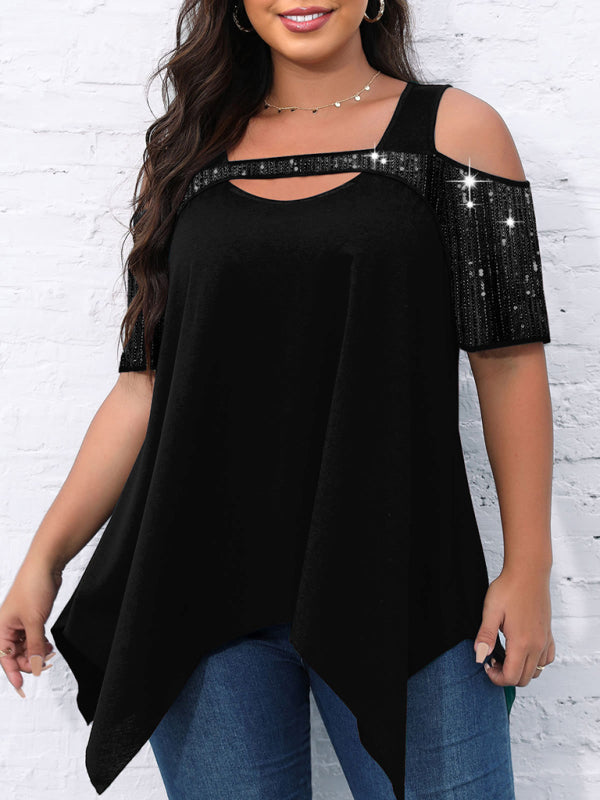Kurzärmliges, paillettenbesetztes, hohles, unregelmäßiges T-Shirt für Damen mit breitem Saum 