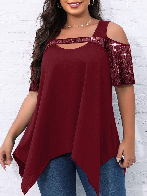 Kurzärmliges, paillettenbesetztes, hohles, unregelmäßiges T-Shirt für Damen mit breitem Saum 