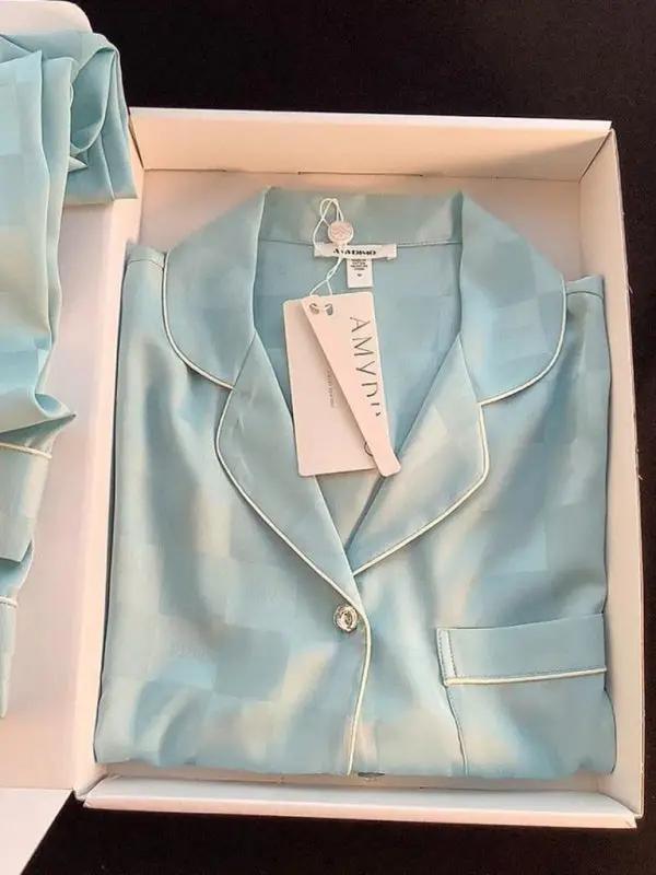 Light blue ice silk pajamas with white piping