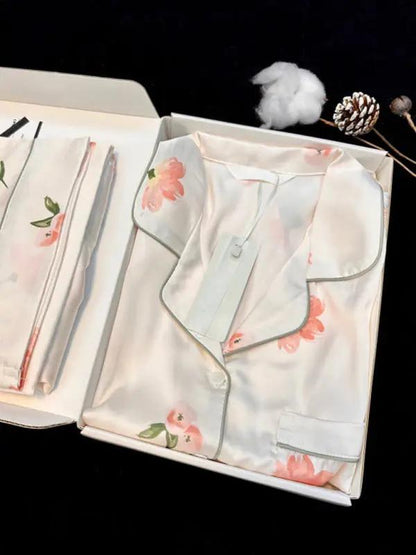 White floral print ice silk pajamas set