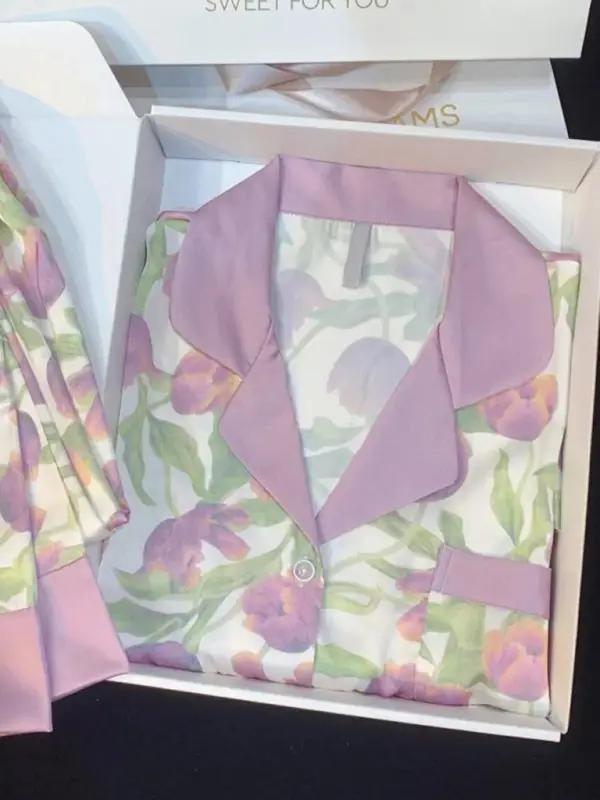 Floral print ice silk pajamas with purple collar