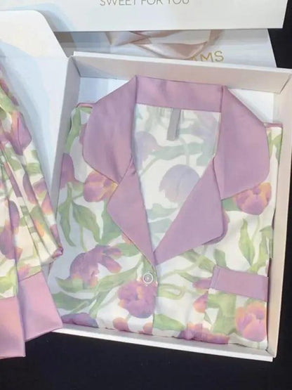 Floral print ice silk pajamas with purple collar