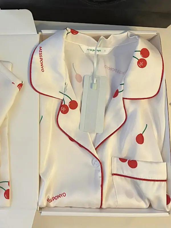 White cherry print ice silk pajamas set