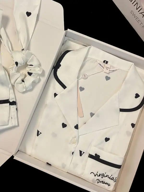 White heart print ice silk pajamas set