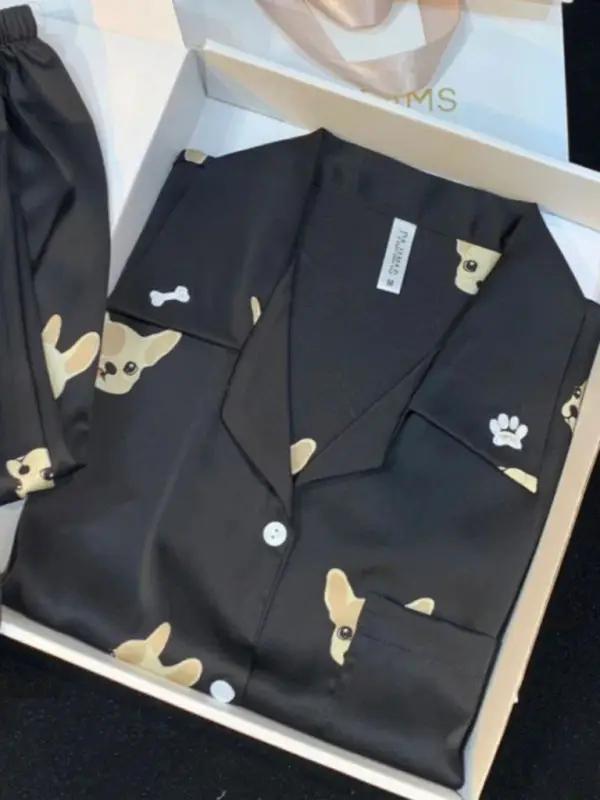 Black dog print ice silk pajamas set