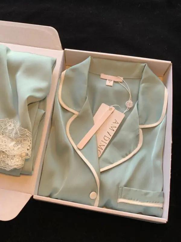 Mint green ice silk pajamas with lace trim