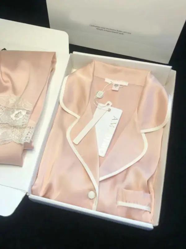 Peach ice silk pajamas with lace trim