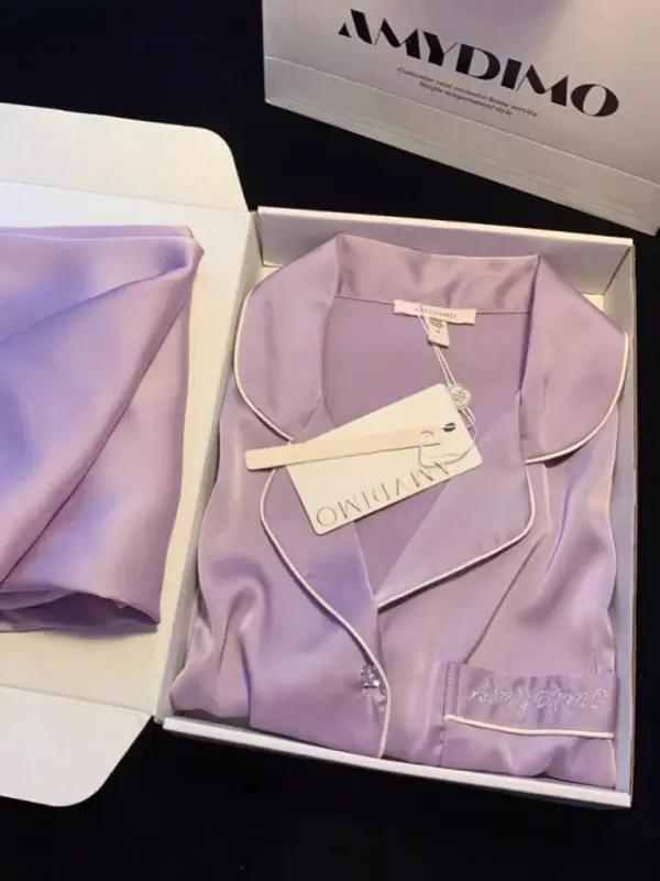 Purple ice silk pajamas with white piping