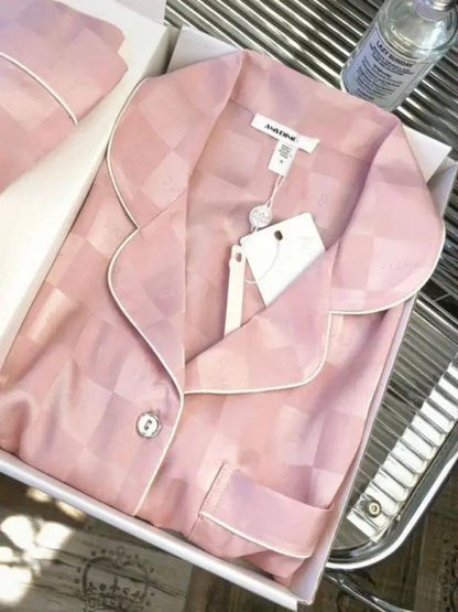 Pink checkered ice silk pajamas with white piping