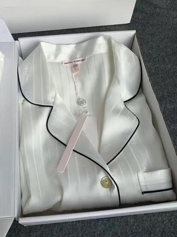 White striped ice silk pajamas with black piping
