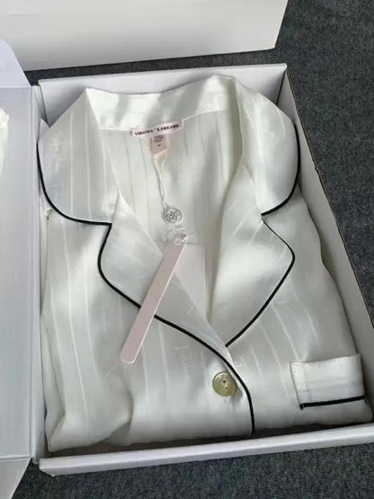 White striped ice silk pajamas with black piping