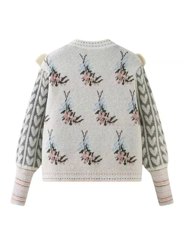 Nouveau col rond jacquard à volants épissage pull court contraste couleur pull 