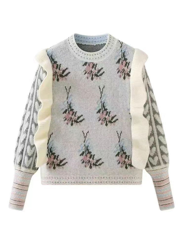 Nouveau col rond jacquard à volants épissage pull court contraste couleur pull 