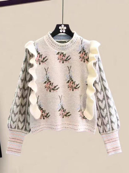 Nouveau col rond jacquard à volants épissage pull court contraste couleur pull 