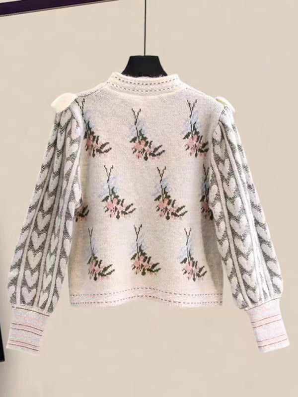 Nouveau col rond jacquard à volants épissage pull court contraste couleur pull 