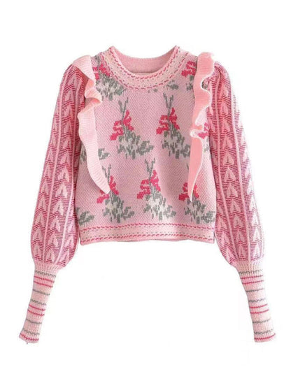 New round neck jacquard ruffle splicing short pullover contrast color sweater