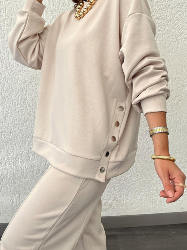 Lässiges Zweiteiliges Set aus Pullover, Sweatshirt und Hose für Damen mit Rundhalsausschnitt 