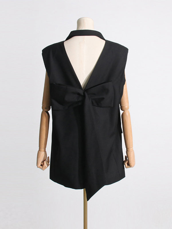 Robe de style niche française, col de costume, sans manches, droite, dos nu, taille, couture avec nœud, nouvelle collection 