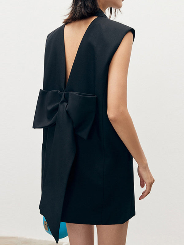 Robe de style niche française, col de costume, sans manches, droite, dos nu, taille, couture avec nœud, nouvelle collection 