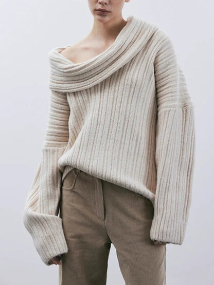 Neuer Stil, einreihiger Kragen, lockerer Strickpullover, sexy langärmeliger Freizeitpullover 