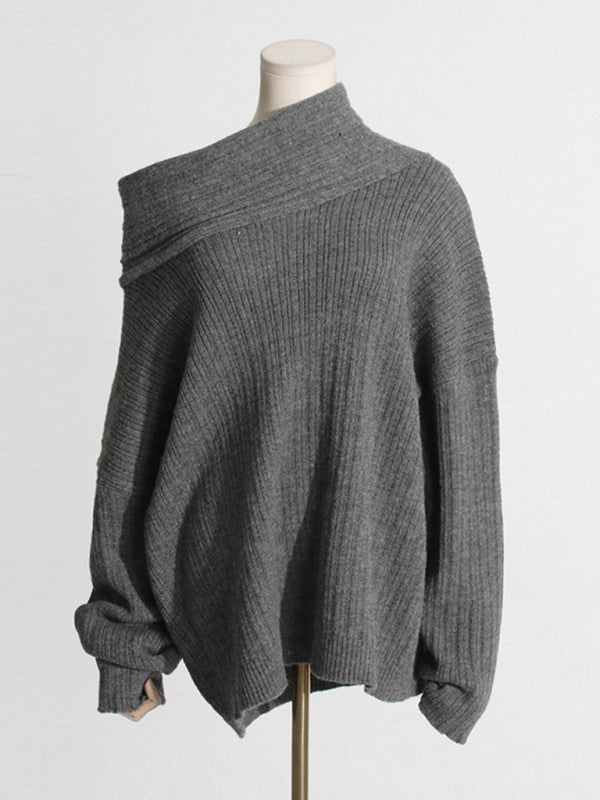 Neuer Stil, einreihiger Kragen, lockerer Strickpullover, sexy langärmeliger Freizeitpullover 