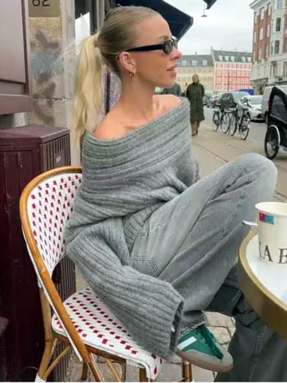 Neuer Stil, einreihiger Kragen, lockerer Strickpullover, sexy langärmeliger Freizeitpullover 