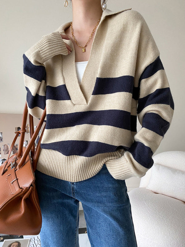 New casual polo large v-neck striped loose pullover sweater