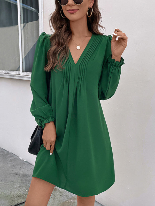 Robe femme smockée col V à manches longues 