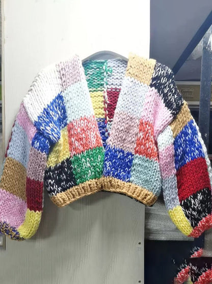 New retro contrast color rainbow plaid heavy handmade versatile cardigan sweater