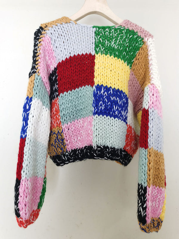 New retro contrast color rainbow plaid heavy handmade versatile cardigan sweater
