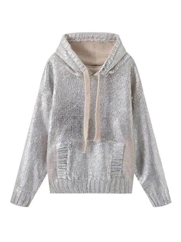 New retro personalized trendy metallic knitted lace-up hooded long-sleeved sweatshirt