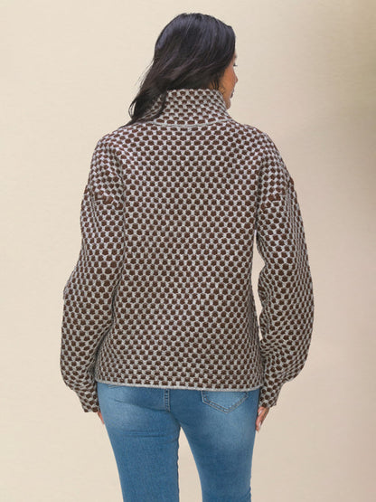 Cardigan pull tricoté décontracté à carreaux avec fermeture éclair pour femmeRP0023567 