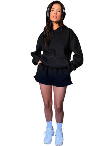 Damen neues, modisches, lockeres, einfarbiges Sweatshirt-Shorts-Set 