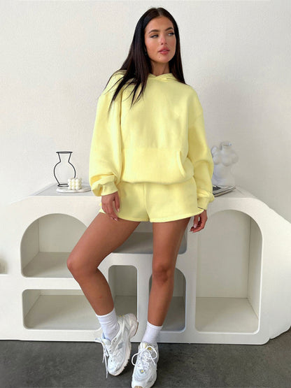 Damen neues, modisches, lockeres, einfarbiges Sweatshirt-Shorts-Set 