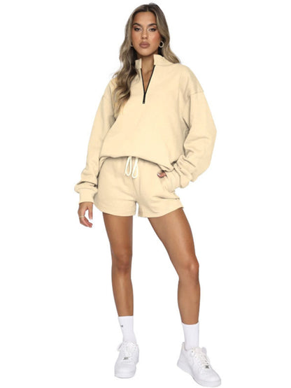 Damen Neues, einfarbiges Stehkragen-Reißverschluss-Pullover-Langarm-Sweatshirt-Shorts-Set 