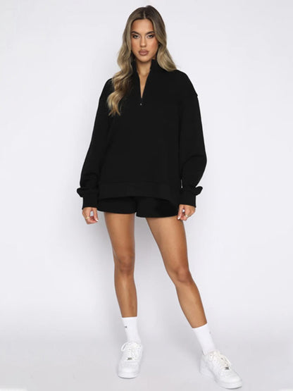 Damen Neues, einfarbiges Stehkragen-Reißverschluss-Pullover-Langarm-Sweatshirt-Shorts-Set 