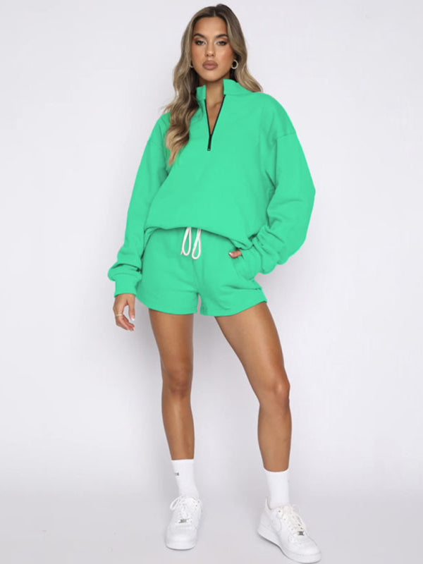 Damen Neues, einfarbiges Stehkragen-Reißverschluss-Pullover-Langarm-Sweatshirt-Shorts-Set 