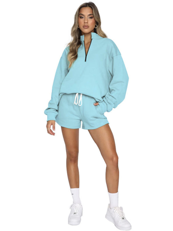 Damen Neues, einfarbiges Stehkragen-Reißverschluss-Pullover-Langarm-Sweatshirt-Shorts-Set 