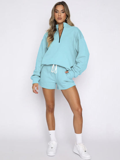 Damen Neues, einfarbiges Stehkragen-Reißverschluss-Pullover-Langarm-Sweatshirt-Shorts-Set 