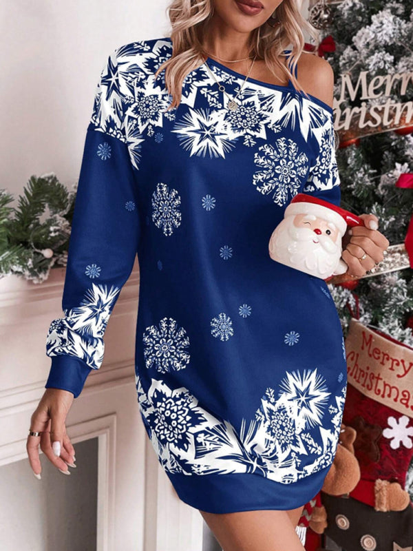 Schulterfreies Herbst- und Winterkleid mit weihnachtlichem Aufdruck für Damen 